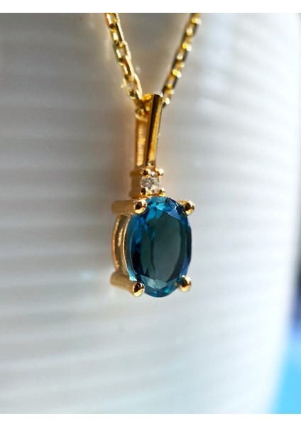 925 Ayar Gümüş Gerçek Pırlantalı Oval Safir Kolye, Kadınlar Için Doğum Günü Hediyesi, Kız Arkadaş Için Özel Gün Hediyesi