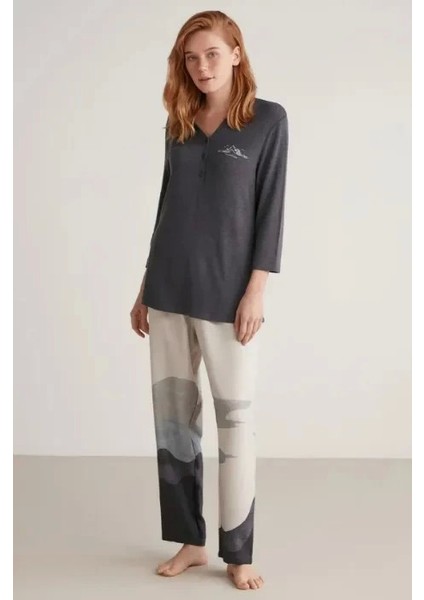 W604 Kadın Patlı V Yaka Uzun Kollu Pijama Takımı