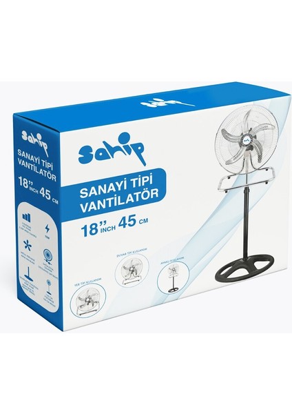 3in1 Kullanım 18 Inç 45 cm Sanayi Tipi Ayaklı Vantilatör 5-Metal Pervane 3-Kademe Hız 75WY:150CM Fan (5051)