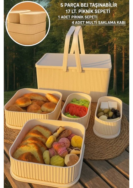 5 Parça Taşınabilir Piknik ve Saklama Seti – 17 Lt Sepet + 4 Multi Kap