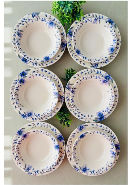 Mor Menekşe Model 12 Parça Modern Yemek Takımı (6 Çorba + 6 Yemek Tabağı)