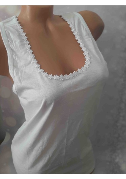 Beyaz Pamuk Yakası Papatyalı Kalın Askılı Rahat Kullanışlı Kadın Atlet