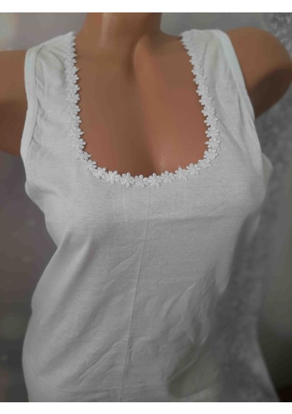 Beyaz Pamuk Yakası Papatyalı Kalın Askılı Rahat Kullanışlı Kadın Atlet modelleri