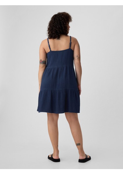 Kadın Lacivert Crinkle Gauze Katlı Mini Elbise modelleri