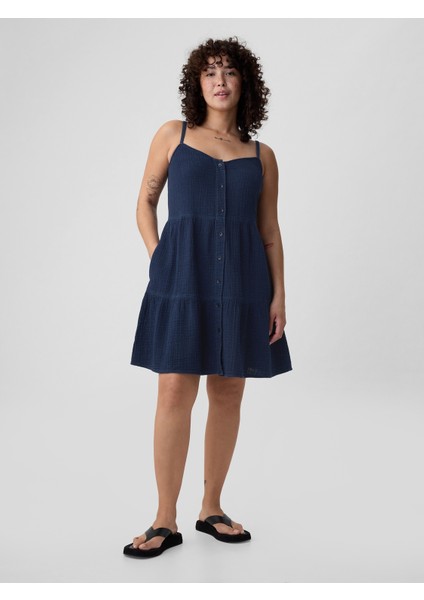 Kadın Lacivert Crinkle Gauze Katlı Mini Elbise fırsatları