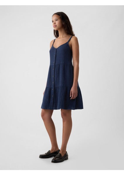 Kadın Lacivert Crinkle Gauze Katlı Mini Elbise