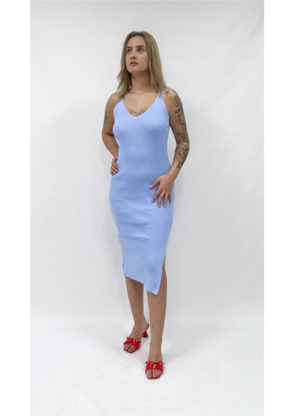 Kadın Askılı Triko Askılı Uzun Boy Yandan Yırtmaçlı Elbise modelleri