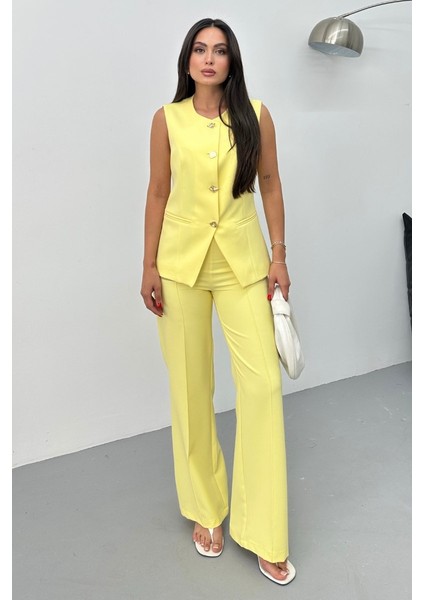 Kadın Ikili Alt Üst Takım Şık Düğme Detaylı Bisiklet Yaka Regular Yelek Pantolon Takım fiyatları