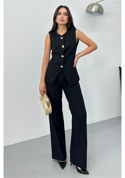 Kadın Ikili Alt Üst Takım Şık Düğme Detaylı Bisiklet Yaka Regular Yelek Pantolon Takım