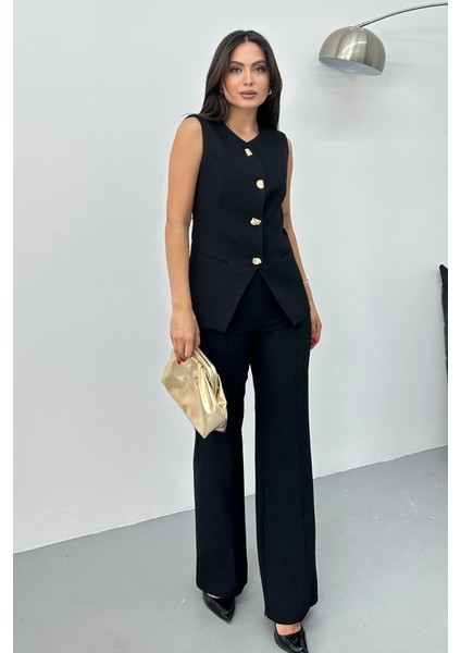 Kadın Ikili Alt Üst Takım Şık Düğme Detaylı Bisiklet Yaka Regular Yelek Pantolon Takım fiyatları