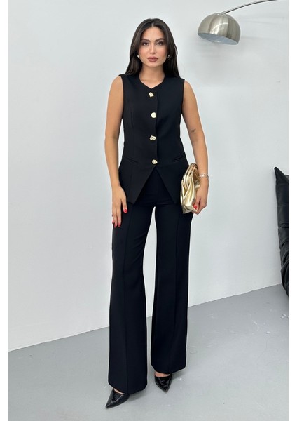 Kadın Ikili Alt Üst Takım Şık Düğme Detaylı Bisiklet Yaka Regular Yelek Pantolon Takım modelleri
