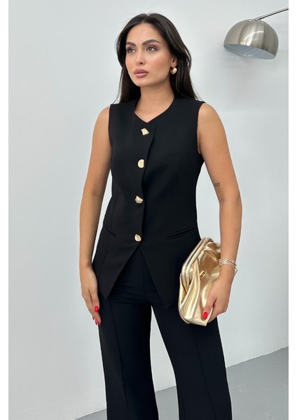 Kadın Ikili Alt Üst Takım Şık Düğme Detaylı Bisiklet Yaka Regular Yelek Pantolon Takım fırsatları