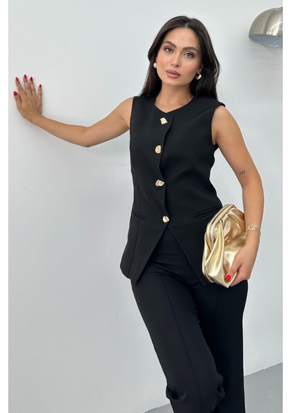Kadın Ikili Alt Üst Takım Şık Düğme Detaylı Bisiklet Yaka Regular Yelek Pantolon Takım indirimleri