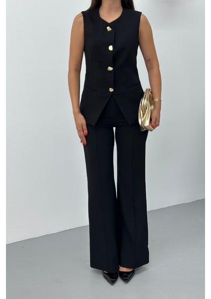 Kadın Ikili Alt Üst Takım Şık Düğme Detaylı Bisiklet Yaka Regular Yelek Pantolon Takım