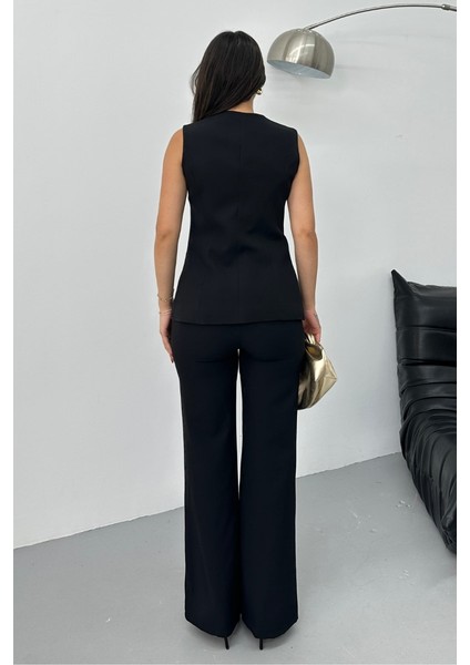 Kadın Ikili Alt Üst Takım Şık Düğme Detaylı Bisiklet Yaka Regular Yelek Pantolon Takım