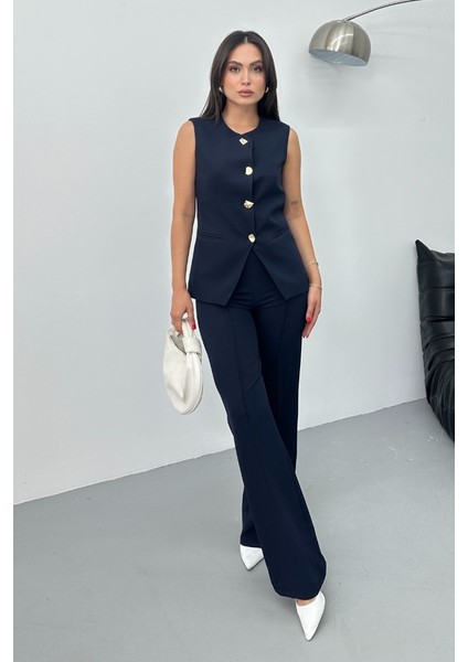 Kadın Ikili Alt Üst Takım Şık Düğme Detaylı Bisiklet Yaka Regular Yelek Pantolon Takım fiyatları