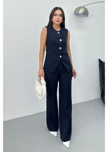 Kadın Ikili Alt Üst Takım Şık Düğme Detaylı Bisiklet Yaka Regular Yelek Pantolon Takım modelleri