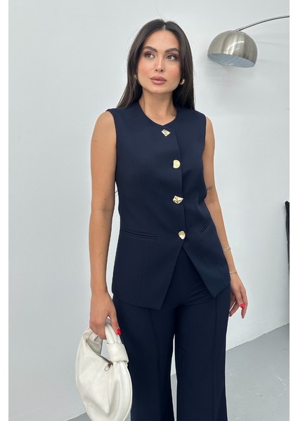 Kadın Ikili Alt Üst Takım Şık Düğme Detaylı Bisiklet Yaka Regular Yelek Pantolon Takım indirimleri