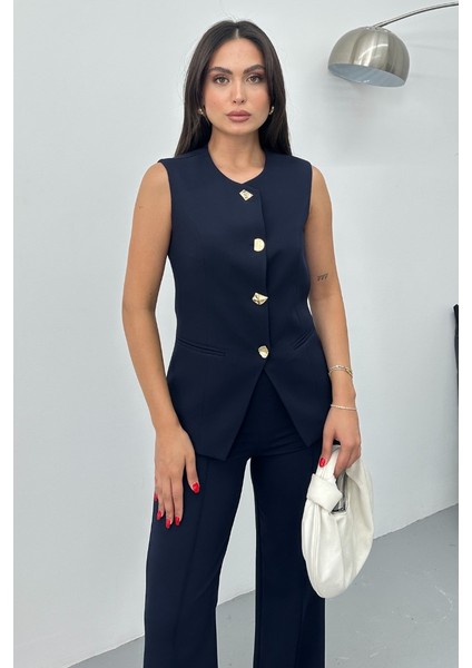 Kadın Ikili Alt Üst Takım Şık Düğme Detaylı Bisiklet Yaka Regular Yelek Pantolon Takım