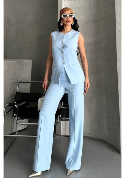 Kadın Ikili Alt Üst Takım Şık Düğme Detaylı Bisiklet Yaka Regular Yelek Pantolon Takım