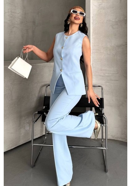 Kadın Ikili Alt Üst Takım Şık Düğme Detaylı Bisiklet Yaka Regular Yelek Pantolon Takım modelleri