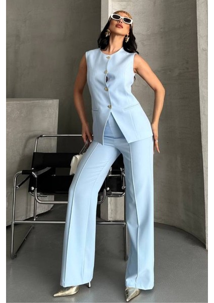 Kadın Ikili Alt Üst Takım Şık Düğme Detaylı Bisiklet Yaka Regular Yelek Pantolon Takım fırsatları