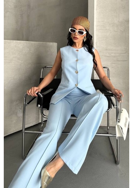 Kadın Ikili Alt Üst Takım Şık Düğme Detaylı Bisiklet Yaka Regular Yelek Pantolon Takım indirimleri