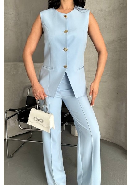 Kadın Ikili Alt Üst Takım Şık Düğme Detaylı Bisiklet Yaka Regular Yelek Pantolon Takım