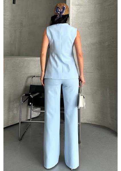 Kadın Ikili Alt Üst Takım Şık Düğme Detaylı Bisiklet Yaka Regular Yelek Pantolon Takım