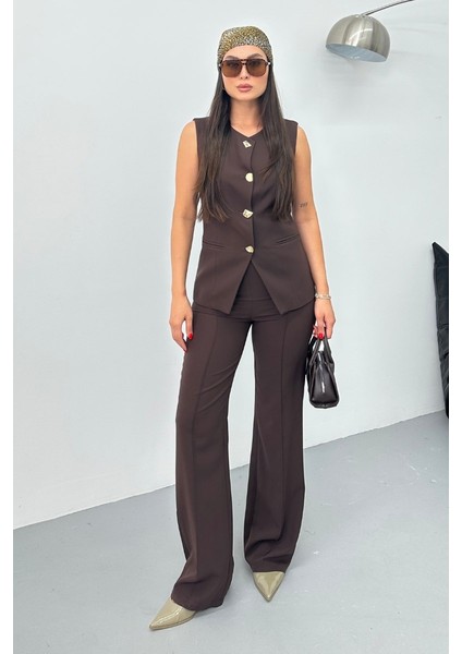 Kadın Ikili Alt Üst Takım Şık Düğme Detaylı Bisiklet Yaka Regular Yelek Pantolon Takım