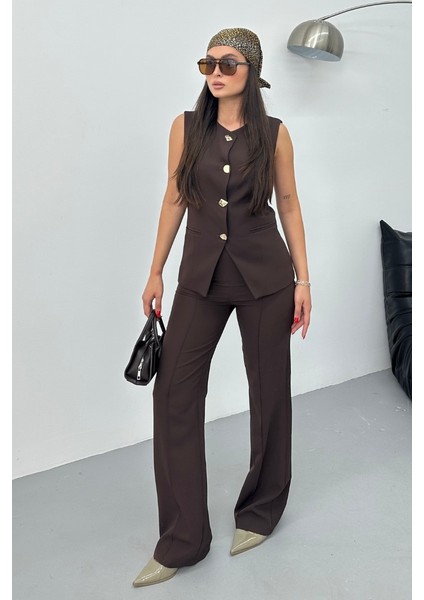 Kadın Ikili Alt Üst Takım Şık Düğme Detaylı Bisiklet Yaka Regular Yelek Pantolon Takım fiyatları