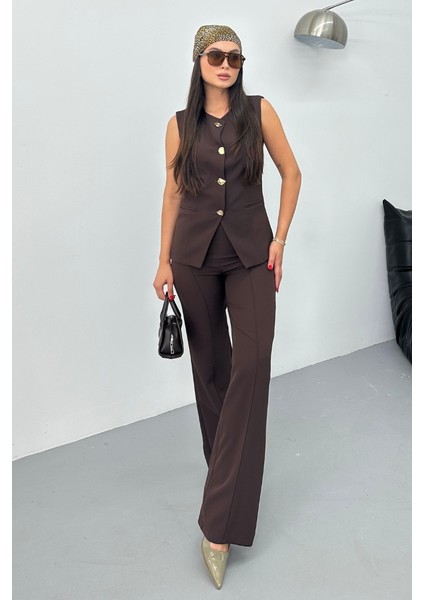 Kadın Ikili Alt Üst Takım Şık Düğme Detaylı Bisiklet Yaka Regular Yelek Pantolon Takım modelleri