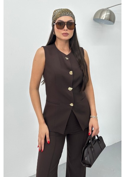 Kadın Ikili Alt Üst Takım Şık Düğme Detaylı Bisiklet Yaka Regular Yelek Pantolon Takım indirimleri