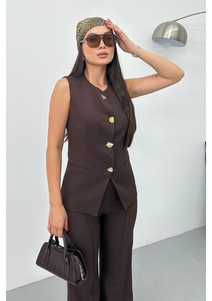 Kadın Ikili Alt Üst Takım Şık Düğme Detaylı Bisiklet Yaka Regular Yelek Pantolon Takım