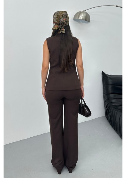 Kadın Ikili Alt Üst Takım Şık Düğme Detaylı Bisiklet Yaka Regular Yelek Pantolon Takım