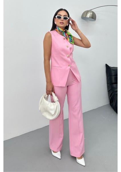 Kadın Ikili Alt Üst Takım Şık Düğme Detaylı Bisiklet Yaka Regular Yelek Pantolon Takım