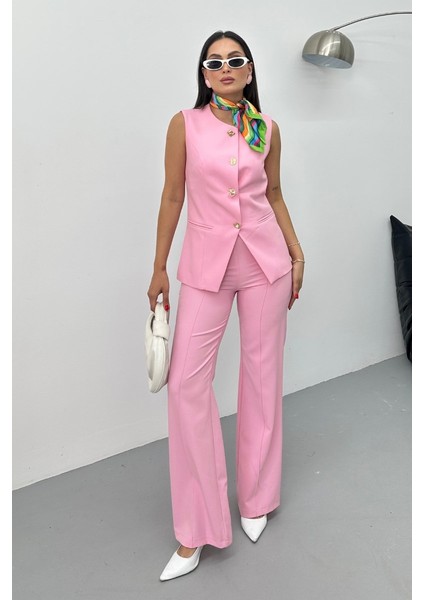 Kadın Ikili Alt Üst Takım Şık Düğme Detaylı Bisiklet Yaka Regular Yelek Pantolon Takım fiyatları