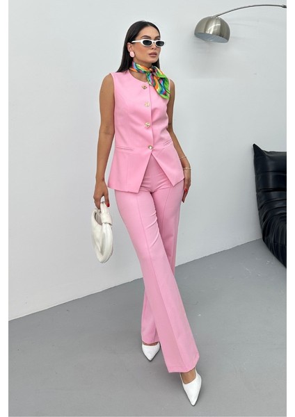 Kadın Ikili Alt Üst Takım Şık Düğme Detaylı Bisiklet Yaka Regular Yelek Pantolon Takım modelleri