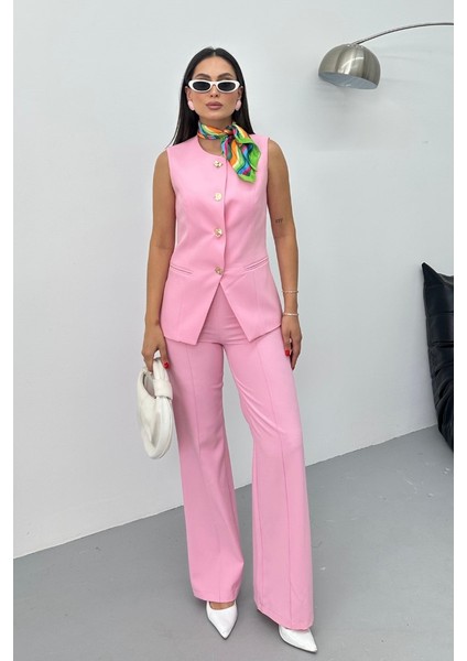 Kadın Ikili Alt Üst Takım Şık Düğme Detaylı Bisiklet Yaka Regular Yelek Pantolon Takım fırsatları