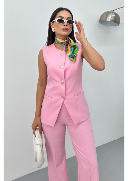 Kadın Ikili Alt Üst Takım Şık Düğme Detaylı Bisiklet Yaka Regular Yelek Pantolon Takım indirimleri