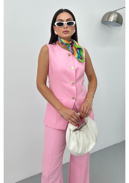 Kadın Ikili Alt Üst Takım Şık Düğme Detaylı Bisiklet Yaka Regular Yelek Pantolon Takım