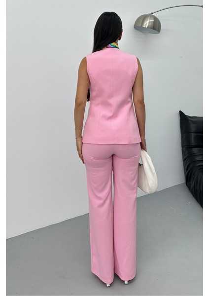 Kadın Ikili Alt Üst Takım Şık Düğme Detaylı Bisiklet Yaka Regular Yelek Pantolon Takım