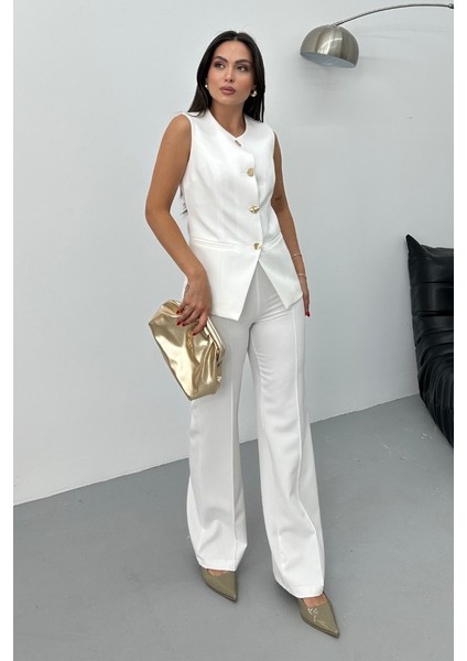 Kadın Ikili Alt Üst Takım Şık Düğme Detaylı Bisiklet Yaka Regular Yelek Pantolon Takım