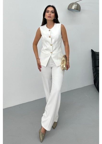Kadın Ikili Alt Üst Takım Şık Düğme Detaylı Bisiklet Yaka Regular Yelek Pantolon Takım fiyatları