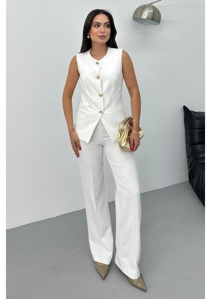 Kadın Ikili Alt Üst Takım Şık Düğme Detaylı Bisiklet Yaka Regular Yelek Pantolon Takım modelleri