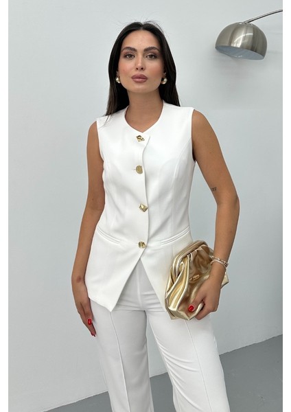 Kadın Ikili Alt Üst Takım Şık Düğme Detaylı Bisiklet Yaka Regular Yelek Pantolon Takım indirimleri