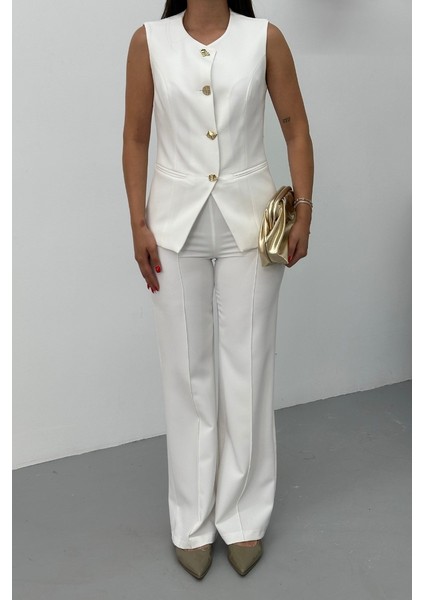Kadın Ikili Alt Üst Takım Şık Düğme Detaylı Bisiklet Yaka Regular Yelek Pantolon Takım