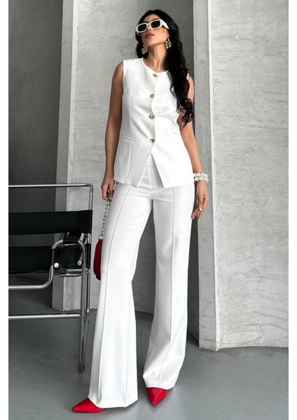 Kadın Ikili Alt Üst Takım Şık Düğme Detaylı Bisiklet Yaka Regular Yelek Pantolon Takım fiyatları