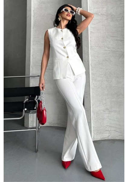 Kadın Ikili Alt Üst Takım Şık Düğme Detaylı Bisiklet Yaka Regular Yelek Pantolon Takım modelleri