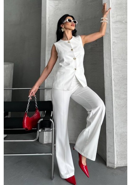 Kadın Ikili Alt Üst Takım Şık Düğme Detaylı Bisiklet Yaka Regular Yelek Pantolon Takım fırsatları